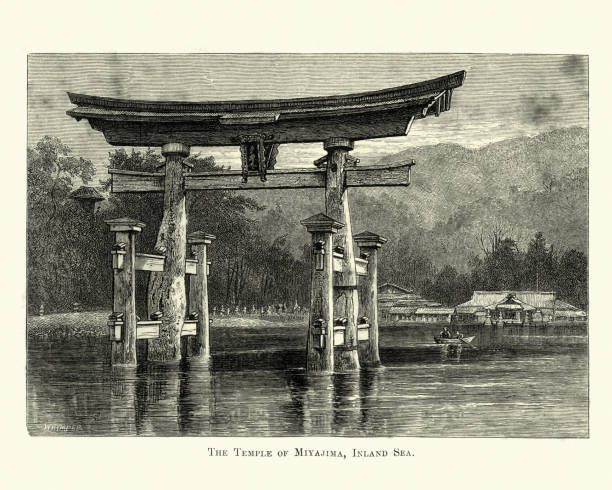 Torii gate at Temple of Miyajima, Itsukushima Shrine, Japan, 19th Century Vintage illustration of Torii gate at Temple of Miyajima, Itsukushima Shrine, Hatsukaichi in Hiroshima Prefecture in Japan shinto shrine stock illustrations