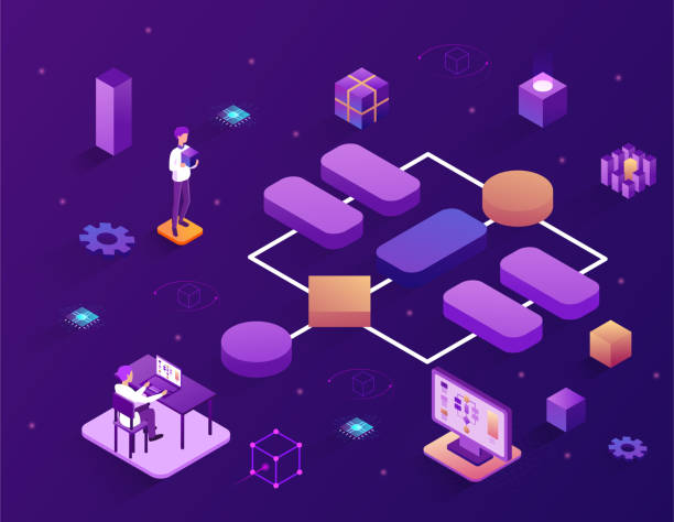 Concept of block scheme creation or modular software development. Concept of block scheme creation or modular software development. One man is working at a computer, and the second is building a developed tree diagram. Isometric cartoon vector illustration lunar module stock illustrations