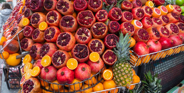 Beautifully cut citrus fruits on the shelf