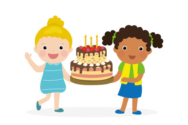 Two cartoon schoolgirls holding big cake. Multiethnic girls holds birthday cake with candles. Celebration event. Cute female characters Two cartoon schoolgirls holding big cake. Multiethnic girls holds birthday cake with candles. Celebration event. Cute female characters isolated on white background. Flat vector illustration happy birthday best friend stock illustrations
