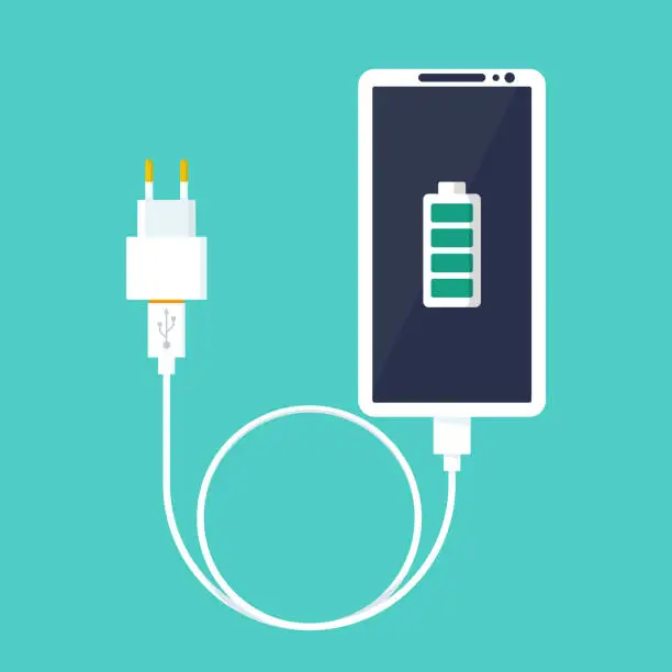 Vector illustration of Phone on charging. Smartphone with charger.