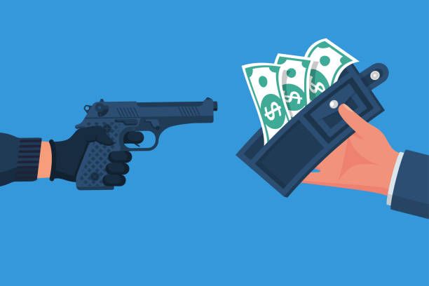 Criminal threatening gun extorts money from the victim. Wallet or life. Criminal threatening gun extorts money from the victim. Robbery concept. Bandit with a gun. Wallet with banknotes in hand. Vector illustration flat design. Theft of cash. wallet gun stock illustrations