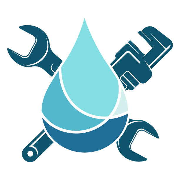 Water drop and wrenches symbol for plumbing repair Wrenches and a blue drop of water. Plumbing repair and service symbol plumber stock illustrations