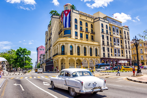July 31, 2018 - La Havana, Cuba: white old american classic car in Old Havana streets, Cuba