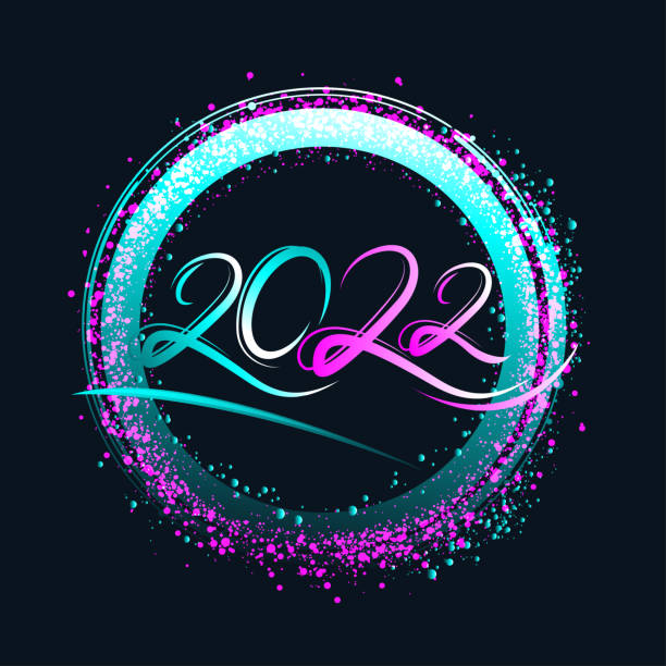 Neon circle frame with violet and blue glow. Template for 2022 year vector art illustration