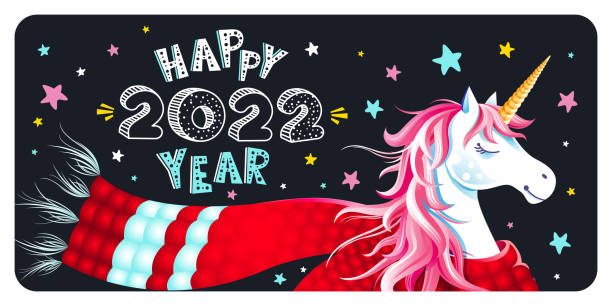 Cute New Year or Christmas greeting card with unicorn, scarf and stars on black background. Lettering "Happy 2022 Year" vector art illustration