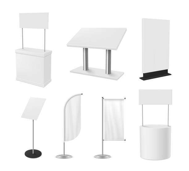 Collection realistic promo stand vector illustration promotional 3d white blank advertising counters Collection of realistic promo stand vector illustration. Set of promotional 3d white blank advertising counters isolated. Advertisement event desks empty promotion tables with signboard advertising column stock illustrations