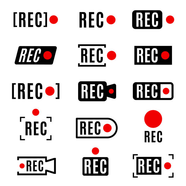 サインベクトルのイラストレーションを記録します。赤いパネルの rec アイコン セットは分離されています。カメラボタン再生コントロール - record television broadcasting circle three dimensional shape点のイラスト素材／クリップアート素材／マンガ素材／アイコン素材