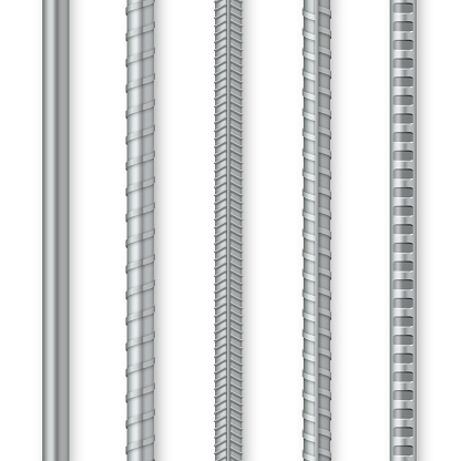 Collection metal rebars realistic vector illustration. Set endless rod, steel reinforced rebar, construction armature isolated. Ornamental smooth of iron bars for building, cage, rack or prison grate