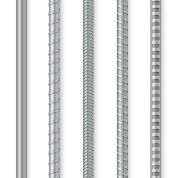 Collection metal rebars realistic vector illustration. Ornamental smooth of iron bars for building Collection metal rebars realistic vector illustration. Set endless rod, steel reinforced rebar, construction armature isolated. Ornamental smooth of iron bars for building, cage, rack or prison grate grill rods stock illustrations