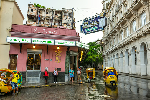 July 31, 2018 - La Havana, Cuba: Coco taxi in front of La Floridita Bar in Old Havana