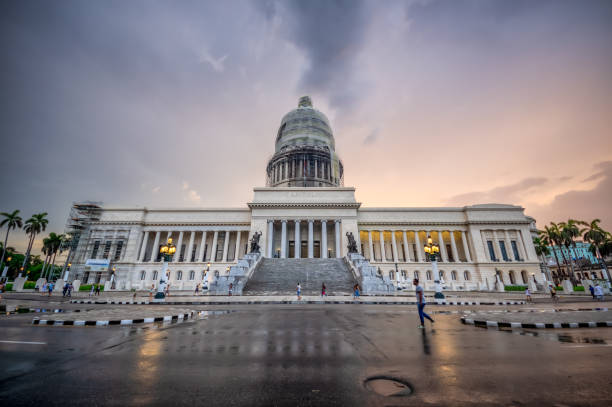July 31, 2018 - La Havana, Cuba: People walking in front of El Capitolio in Havana at sunset