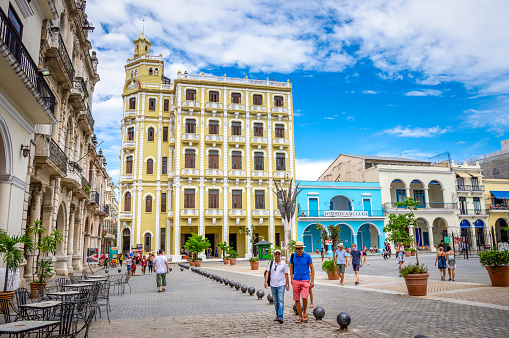 July 31, 2018 - La Havana, Cuba: tourists in Plaza Vieja (old square) in  Old Havana, Cuba