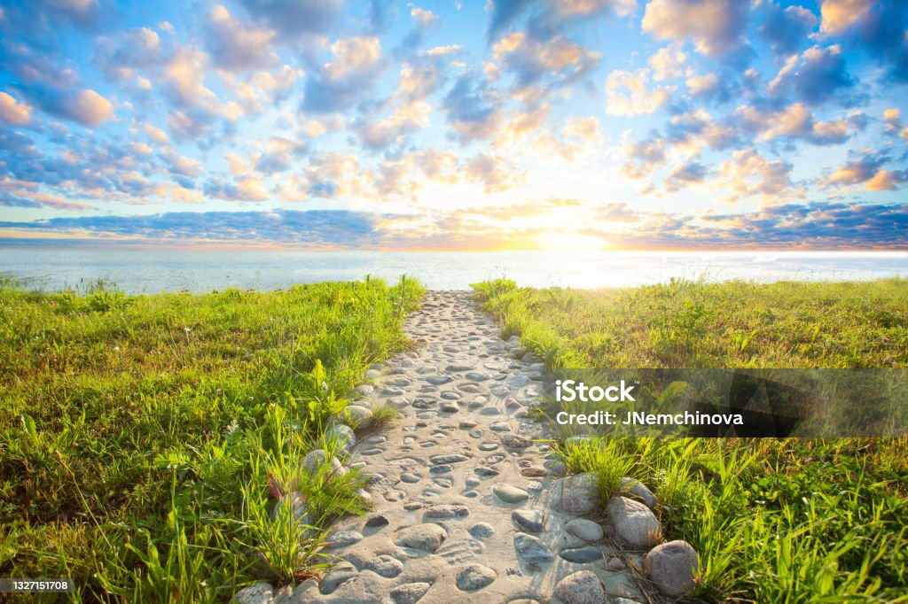 Sky clouds, sunlight and path, beauty nature background Footpath Stock Photo