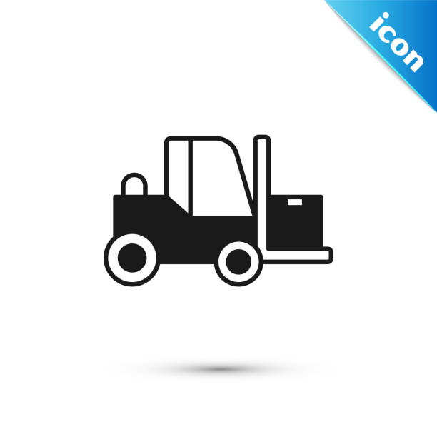 значок грузовика grey forklift изолирован на белом фоне. погрузчик вилки и картонная коробка. доставка грузов, доставка, транспортировка. вектор - forklift picking up pallet hydraulic platform stock illustrations