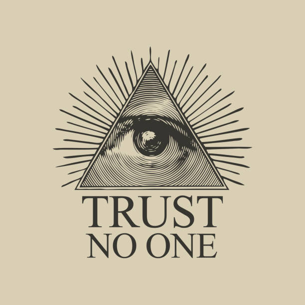 Vector Icon of the Masonic symbol All-seeing eye Vector Icon of the Masonic symbol All-seeing eye of God. The eye of Providence in the triangle and the inscription Trust no one on a vintage beige background. Sign eye of God in flat style graphic t shirt stock illustrations