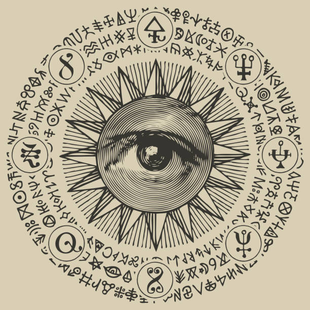 Vector Icon of the Masonic symbol All-seeing eye Vector banner with an all-seeing eye inside the sun, esoteric signs, magic runes, alchemical and masonic symbols written in a circle. Decorative hand-drawn illustration in retro style illuminati stock illustrations