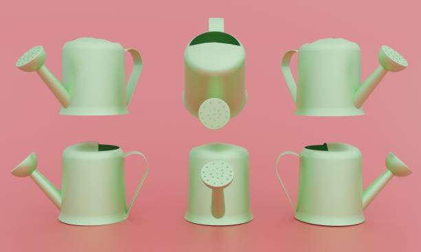 3d rendering the Green watering cans with multiple angles with a pink background. isolated