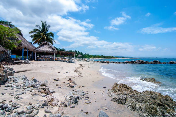 istock rocky beach with blue waters and a wood cabin 1327155768
