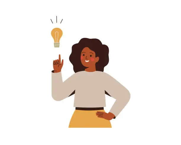 Vector illustration of Black woman points on light bulb over her. Happy African female entrepreneur has business idea. Concept of innovation, solution and creativity.