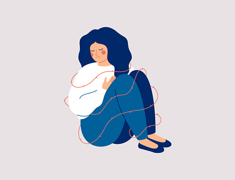 Sad woman surrounding sharp thorns. Lonely Girl has mental health problems and difficulty social acceptance. Concept social rejection and pessimism. Vector illustration