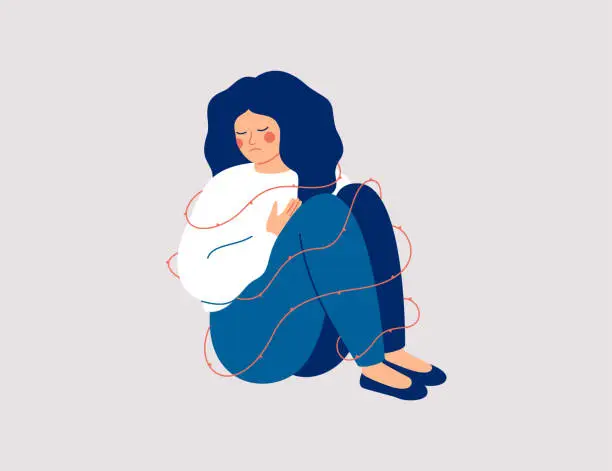 Vector illustration of Sad woman surrounding sharp thorns. Lonely Girl has mental health problems and difficulty social acceptance. Concept social rejection and pessimism.