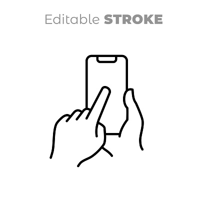 Hands Holding Mobile Phone. Vector smart phone, electronic device line art icon. Editable line drawing. Black and white illustration, sign, symbol. Blank screen.