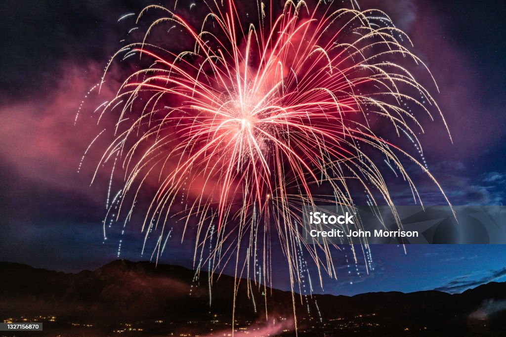 Independence day (July 4th) celebration fireworks in USA Independence day (July 4th) fireworks in USA at southwest Colorado Springs, Colorado in western USA. This is a long exposure of a 16 minute event. John Morrison - Photographer American Culture Stock Photo