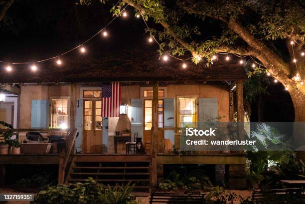 Louisiana French Creole Cottage At Night Stock Photo - Download Image Now - Night, Residential Building, Rural Scene