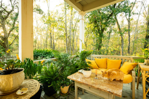 Inviting porch with yellow cushions at  Maison Madeleine B&B, an authentic 1840 French Creole cottage restored by Madeline Cenec  located on the edge of Lake Martin cypress swamp, Breaux Bridge, Louisiana, USA