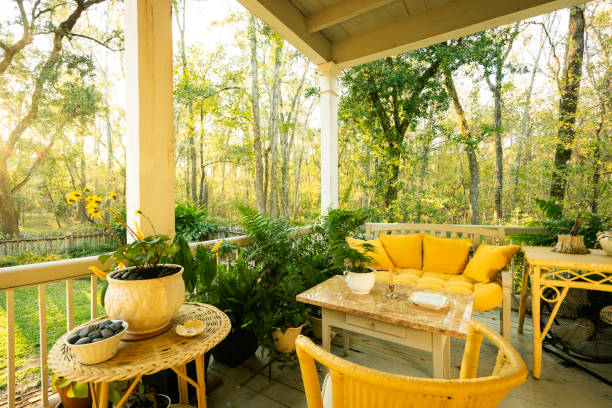 Enticing porch with yellow cushions and plants at Maison Madeleine, an authentic 1840 French Creole cottage, Lake Martin, Breaux Bridge, Louisiana, USA Enticing porch with yellow cushions and plants at Maison Madeleine, an authentic 1840 French Creole cottage, Lake Martin, Breaux Bridge, Louisiana, USA lafayette louisiana photos stock pictures, royalty-free photos & images