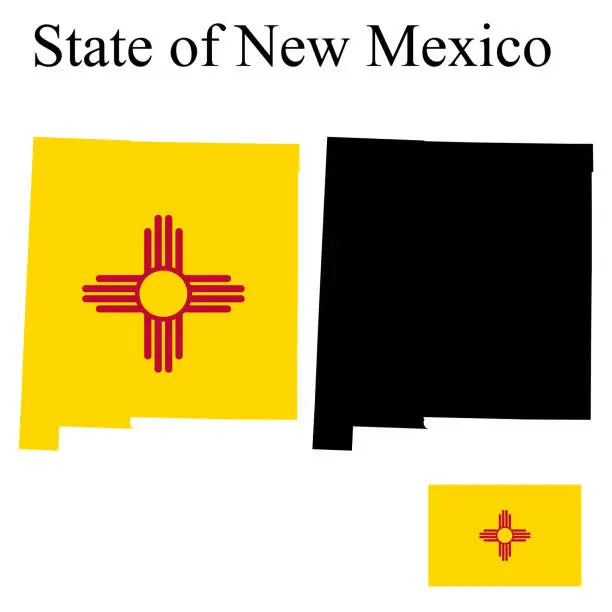 Vector illustration of Set of maps of New Mexico (USA). Flag on the map. Silhouette of the card