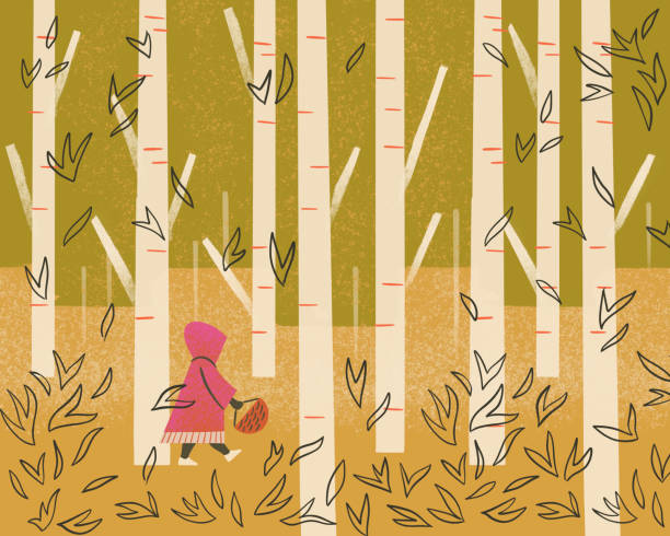 Illustration of little girl walking alone in forest