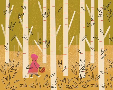 Illustration of little girl walking alone in forest