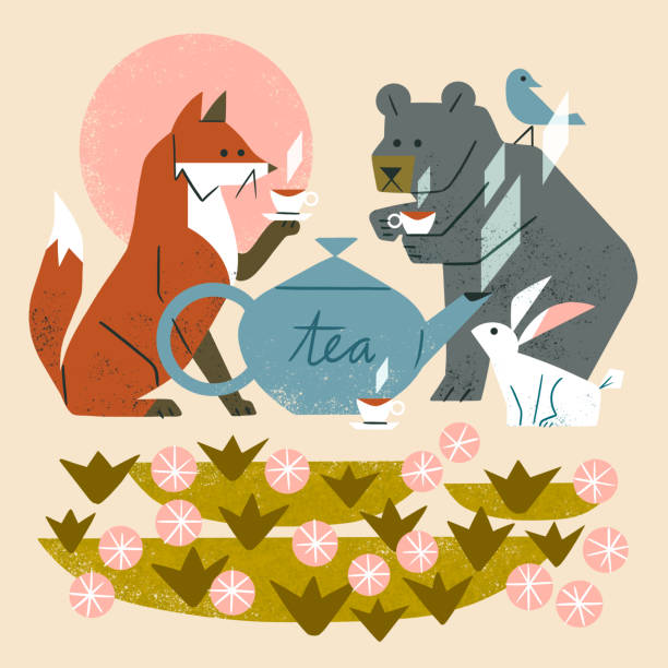 ilustrações de stock, clip art, desenhos animados e ícones de illustration of cute woodland animals having a tea party in a garden - tea afternoon tea tea party cup