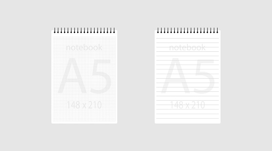 notebook a5 148x210. Realistic white blank notepad paper page template with lined and squared lines. Mock up cover for business memo diary and empty sketchbook with spirals.