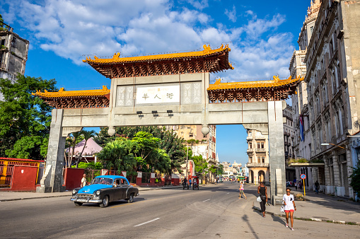 August 1, 2018 - Havana, Cuba:  Entrance gate to Chinatown (Barrio Chino), located next to Capitolio  at old part historical centre of Old Havana city capital of Cuba.
