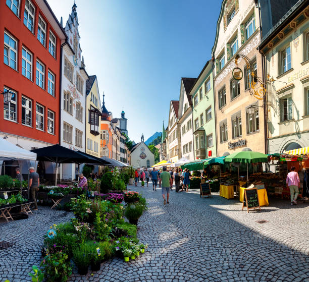 Old historic houses and Facades on the Main Square of Feldkirch, Austria 03.06.2019