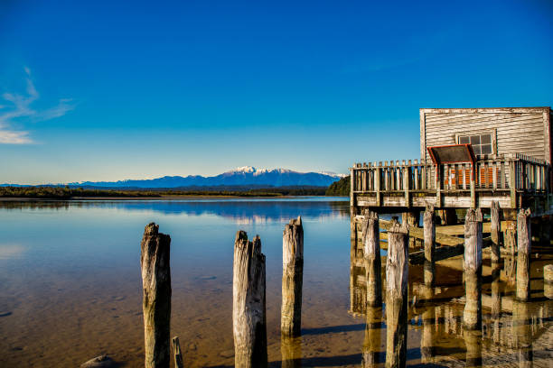 знаменитый лодочный домик в лагуне окарито - okarito lagoon стоковые фото и изображения