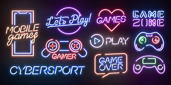 Vector set of realistic isolated neon sign of Game logo for template decoration and branding on the dark background. Concept of cybersport and videogames.