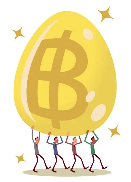 Vector illustration of Multi-Ethnic Group of businessmen cooperating to carry a big golden egg which has a currency symbol on it. A business that lays the golden egg