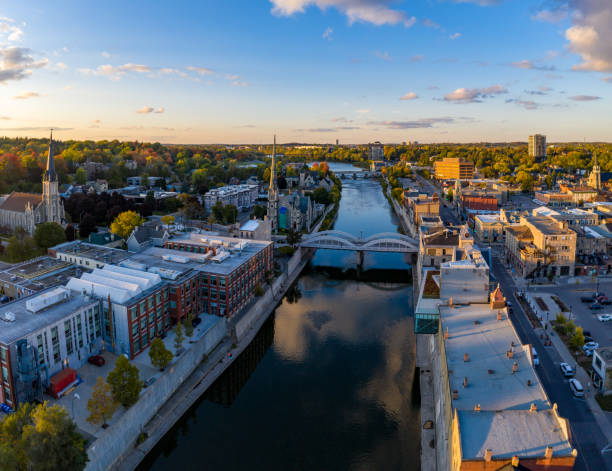 aerial cityscape a cambridge, ontario, canada - church dawn christianity bird foto e immagini stock