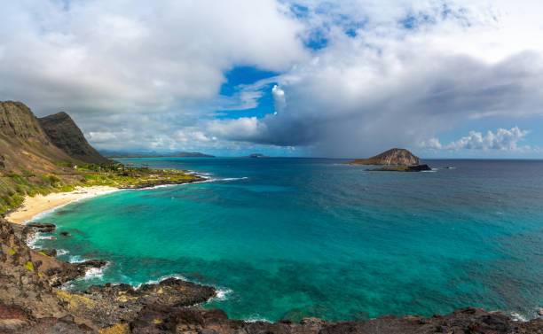 istock Wide angle view panorama of Makapu Beach in Hawaii 1327179326