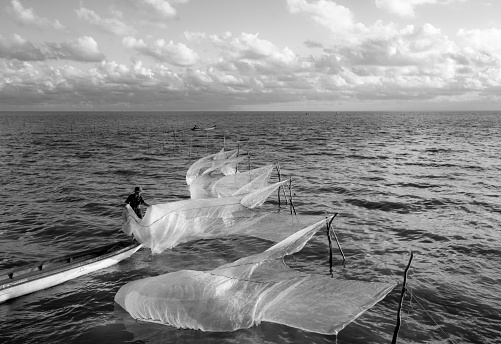 Fishing net on the sea in Mekong Delta Vietnam