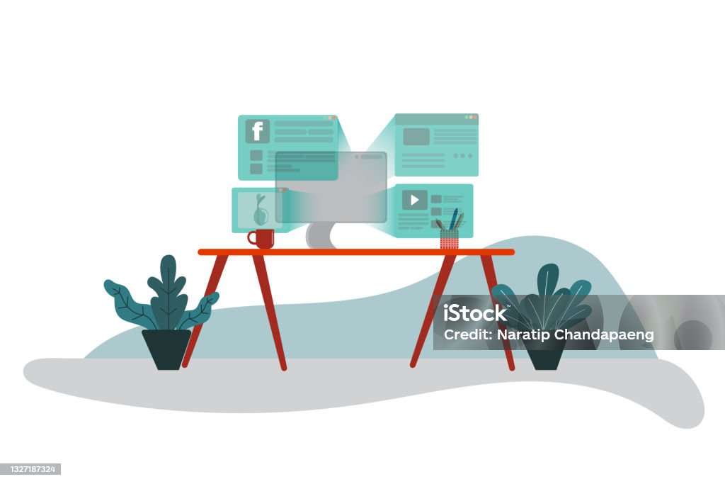 Computer At Work Graphics Vector Illustration The Work Of A Desktop Computer That Can Work In The ...