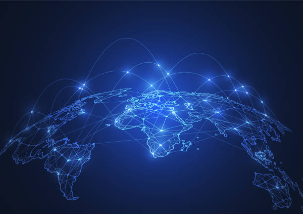 ilustraciones, imágenes clip art, dibujos animados e iconos de stock de conexión de red global. concepto de composición de puntos y líneas del mapa mundial de negocios globales. ilustración vectorial - globe