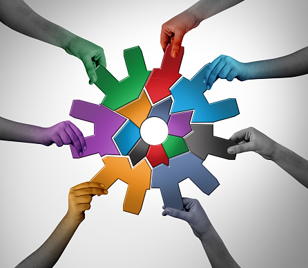 Business people working together as a diversity success team with a diverse groupunited and joining in a common goal building a gear or machine cog in a 3D illustration style.