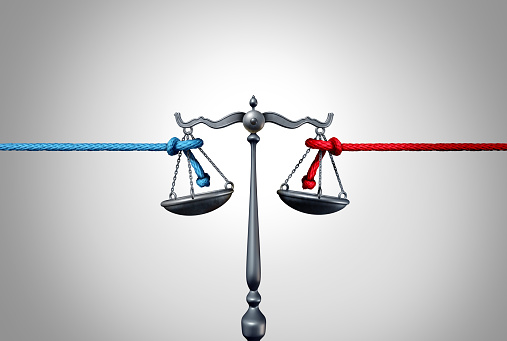 Politics and law or political legislation fight as a left and right leaning rope in a tug of war struggling to win social ideology justice representing judicial and constitutional laws with 3D illustration elements.