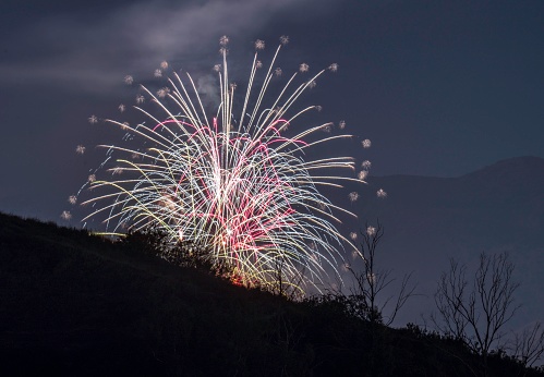 This photograph shows a magical display of bright and colorful aerial fireworks illuminating the night sky behind a secluded mountainous landscape.