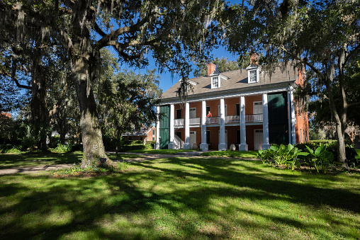 Acadia, Louisiana, USA - November 21, 2020: A tall oak tree with hanging moss casts dramatic shadows on the lawn in front of the Shadows on the Teche plantation home where a tourist stands on the upstairs porch